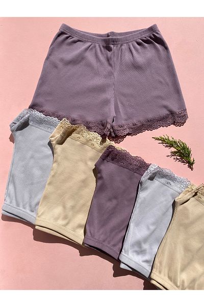 LEYNA BUTİK Pantaloni scurți din dantelă pentru femei, din bumbac cu snur, 6 piese, violet, nud, gri – Chiloți
