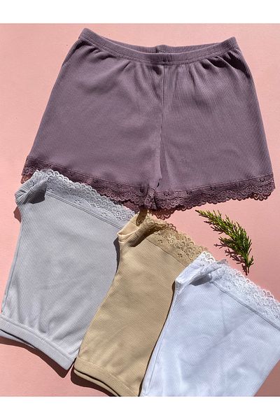 LEYNA BUTİK Pantaloni scurți din dantelă pentru femei, din bumbac, cu snur, 4 piese, piele de damson, gri-alb – chiloți