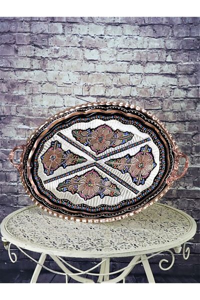 MORYA Copper Tray Oval Thick Rose Flower Patterned 45 Cm