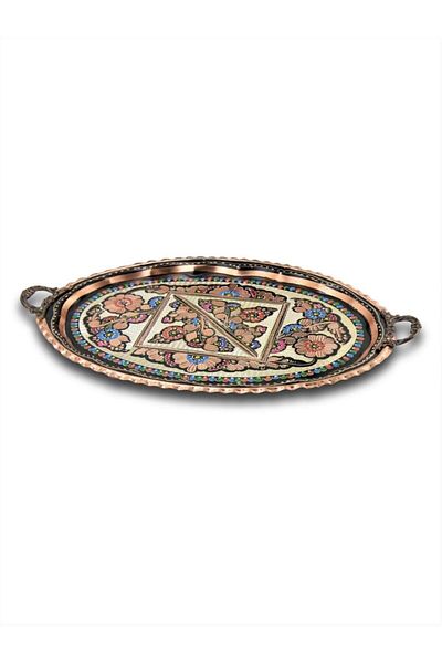 MORYA Copper Tray Oval Thick Rose Flower Patterned 45 Cm