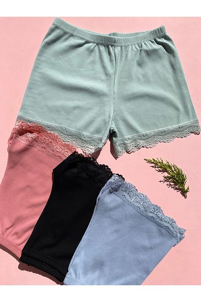 LEYNA BUTİK Pantaloni scurți din dantelă pentru femei, bumbac cu snur, 4 piese, verde-albastru-uscat trandafir-negru – chiloți