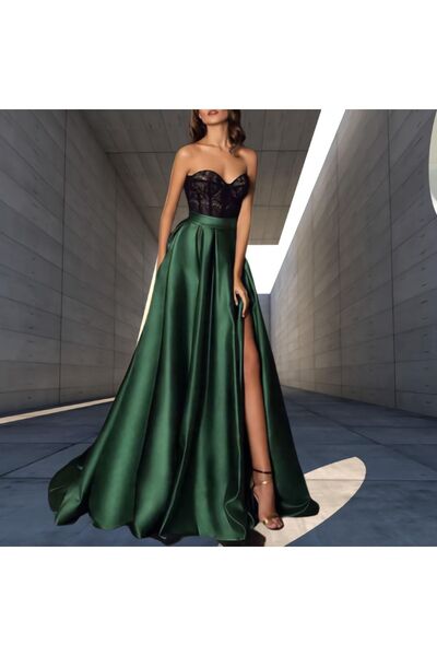 NALINCI Kadın Zarif Yırtmaç Detaylı Saten A-line Pileli Etek