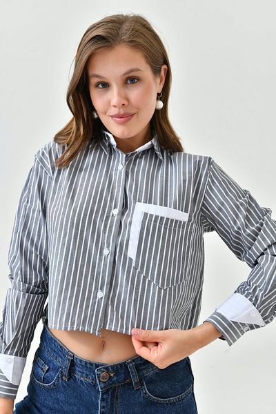 ubmbutik Cămașă cu dungi oversize pentru femei - Manșete și buzunare detaliate