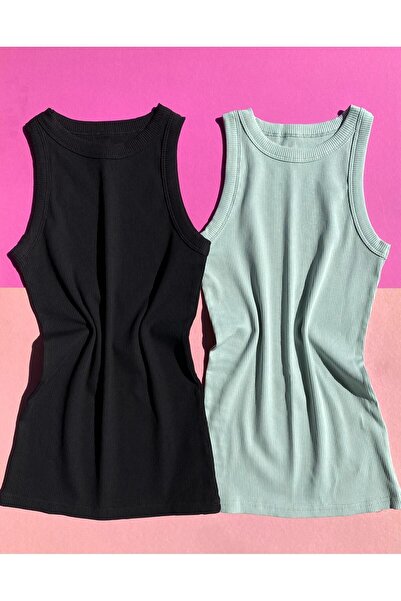 Ahmio Tricou camisole cu textura premium din 2 piese negru si verde - Maieu t...