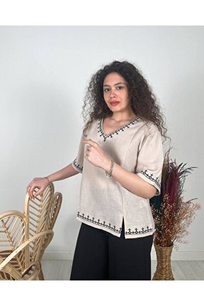 Butik Serdivan Ethnic Vintage Κεντημένη Γυναικεία Μπλούζα με λαιμόκοψη V - 100% βαμβάκι