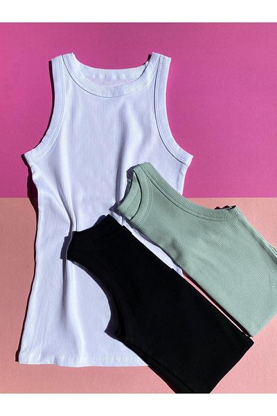Ahmio White, Black and Green 3-Piece Premium Texture Camisole T-Shirt - Halter Neck, Cotton Women's Tank Top