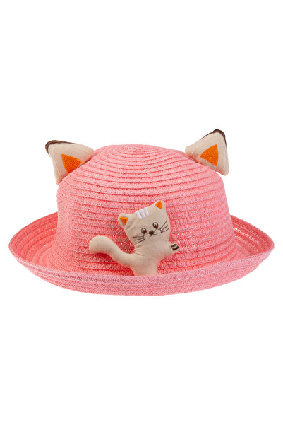 Kitti ARICI STORE KEDİCİK MODELLİ ŞEKER PEMBE RENK 4-8 YAŞ ÇOCUK HASIR ŞAPKA