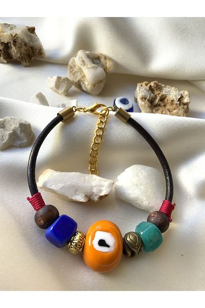 azra takı tasarım Handmade leather, evil eye women's bracelet
