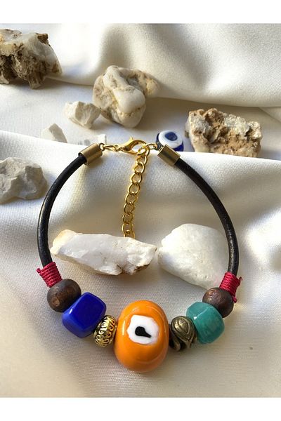 azra takı tasarım Handmade leather, evil eye women's bracelet