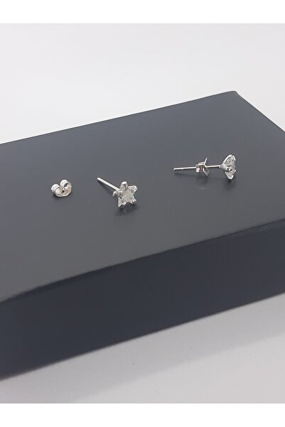 Set 925 Ayar Gümüş Parlak Ve Şeffaf Zirkon Taşlı 1 Çift 5 mm 'Yıldız' Küpe