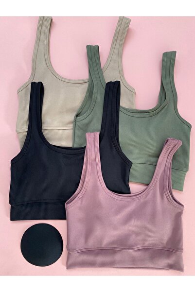 MODALİNOSA قميص داخلي نسائي مضلع - طقم نصف قميص داخلي مكون من 4 قطع بأشرطة سميكة مع وسادة (TAŞGRİ- GREEN- BLACK- DAMSON)