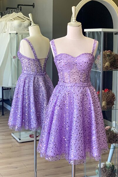 Lenta Moda Lila Taşlı Mini Abiye Ve Gece Elbisesi