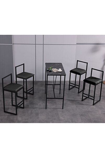 Armadeko Bar Siyah Masa Sandalye Takımı Metal 4'lü Ada Mutfak Yemek Masası Ot...