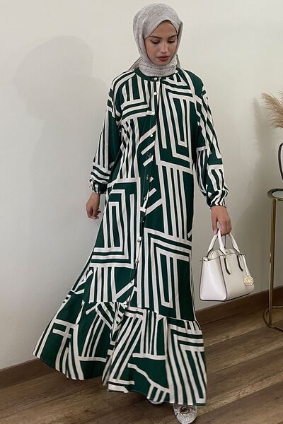 QLAY فستان نسائي صيفي كبير الحجم من الفيسكوز بحزام باللونين الأخضر والأبيض