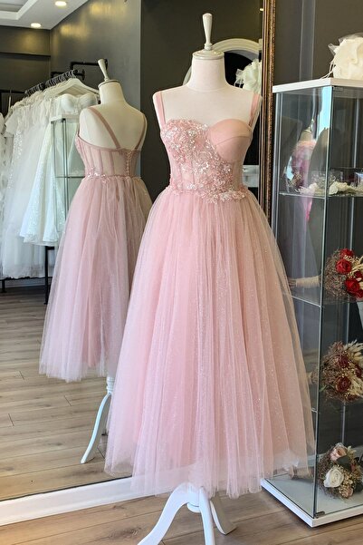 Lenta Moda Simli Pudra Midi Boy Dantelli Transparan Abiye ve Gece Elbisesi