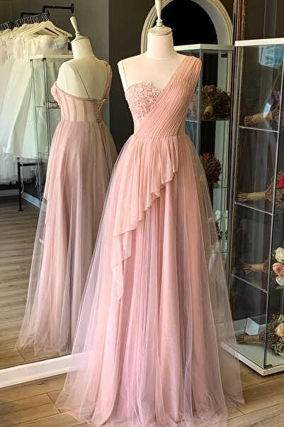 Lenta Moda Pudra Simli Drape Detaylı Tek Omuz Abiye Ve Gece Elbisesi