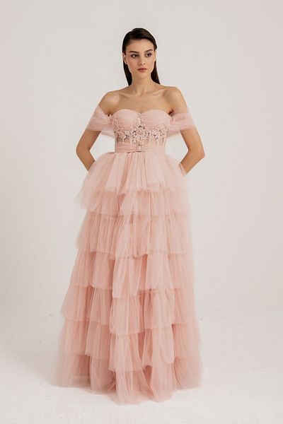 Lenta Moda Powder Embroidered Lace Detailed Layered Long Tulle Evening Dress and Engagement Dress
