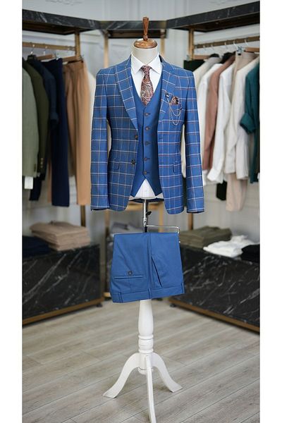 LONATOLİA Men's Blue Plaid Slim Fit Suit - Jacket, Vest, Trousers Italian Cut