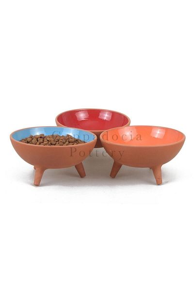 Cappadocia Pottery مجموعة حاوية طعام القطط الفخارية المزججة المكونة من 3 قطع