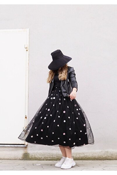 Launes Colorful Floral Black Tulle Skirt