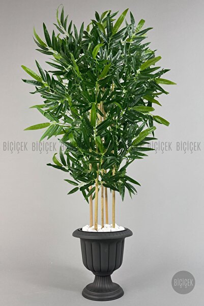 BİÇİÇEK Yapay Bambu Ağacı 170cm Büyük Yapraklı 5 Bambulu Antrasit Renk Nergis Saksıda Yapay Ağaç
