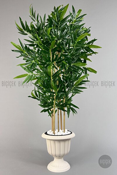 BİÇİÇEK Yapay Bambu Ağacı 170cm Büyük Yapraklı 5 Bambulu Kırık Beyaz Renk Nergis Saksıda Yapay Ağaç