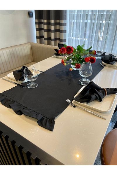 Decamor home Black Raw Linen Single Layer Ruffles Carefree Runner