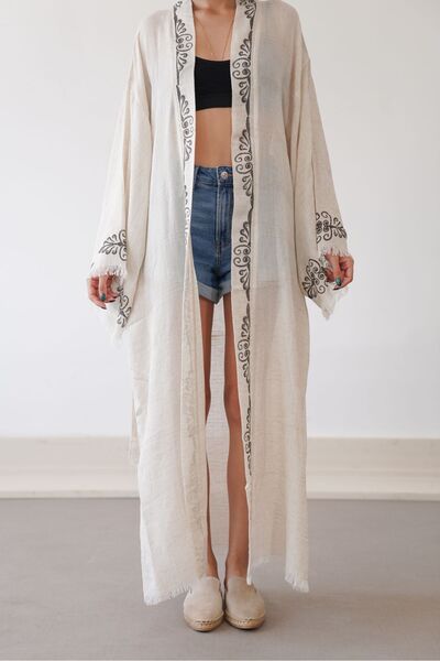 Hiera Made %100 Organik Ağaç Baskı Organik Siyah Kök Boya Uzun Keten Kimono