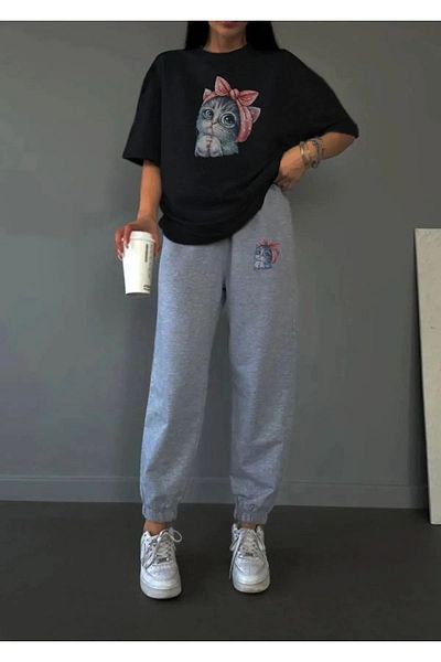 Modern Moda Сладка котка Черна тениска Сиви спортни панталони Jogger - Долен горен комплект анцуг с кръгла яка