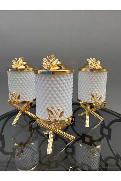 vanilya accessory Gold Colored White Crystal Glass Triple Jar Set