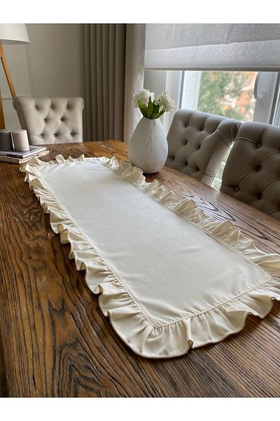 Decamor home Vintage Ecru Velvet Runner - Soft Fabric and Full Ruffles