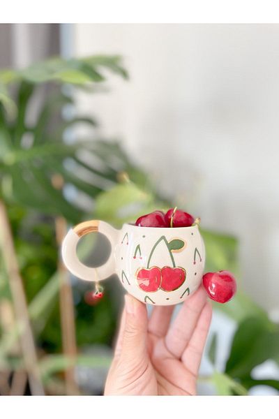 Mugtasarım Double Turkish Coffee Cup with 24K Gold Gilded Cherry Earrings