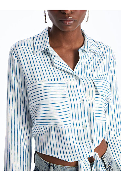 LC Waikiki Dámská košile s proužkovaným dlouhým rukávem, lněná směs LCW
