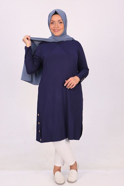 Eslina 38015 Large Size Button Detailed Combed Cotton Tunic - Navy Blue