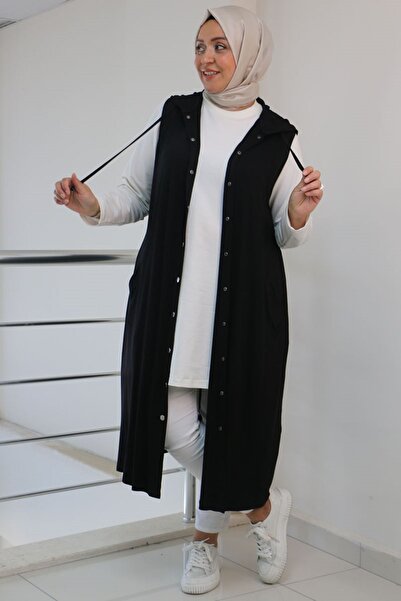 Eslina 34001 Μαύρο χτενισμένο βαμβακερό γιλέκο μεγάλου μεγέθους - Κουκούλα με...