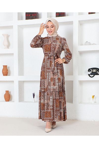 Ebrar Store Women's Summer Viscose Dress - Hijab Patterned, Brown - PA9346