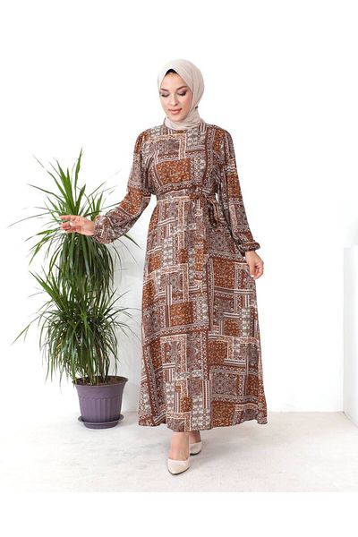 Ebrar Store Women's Summer Viscose Dress - Hijab Patterned, Brown - PA9346
