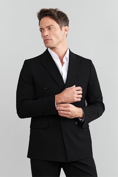 Mentality 3474 Men's Yunter Loco Double Breasted Pointed Collar Slimfit Suit Black