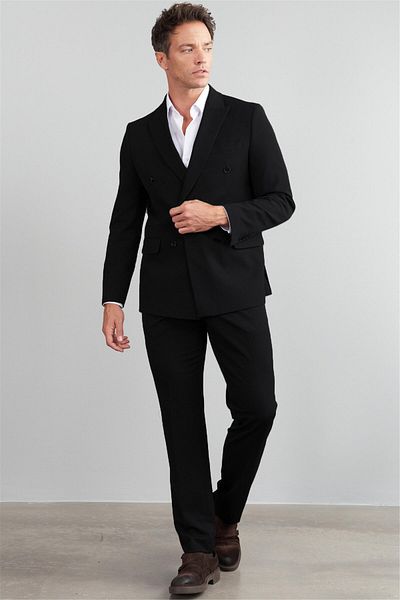 Mentality 3474 Men's Yunter Loco Double Breasted Pointed Collar Slimfit Suit Black