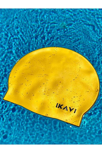 İKAVİ Gold Yellow Metallic Silicone Bonnet High Quality Pool and Sea Swimmer Cap