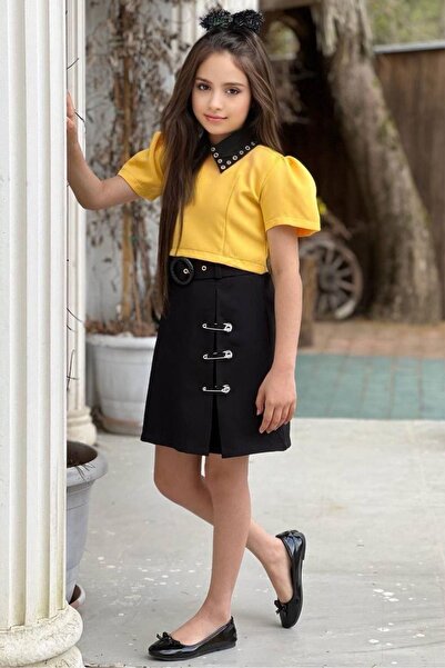 Riccotarz Girl - Slit Shirt Collar Yellow T-Shirt and Skirt Set