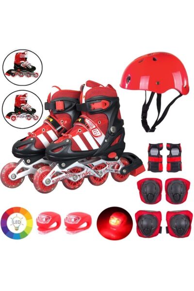 OyuncakZade Red Light Wheel Adjustable Children's Exercise Skates 2 Functions + Flashing Helmet Knee Pad Set