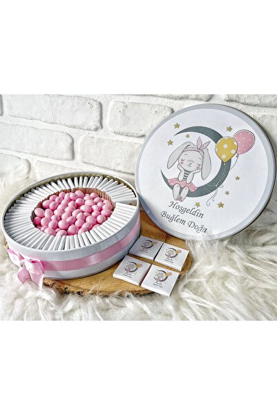 BUGİTO 100 Adet Çikolata+200 GR Draje Tavşan Temalı İsme Özel Hoşgeldin Kız B...