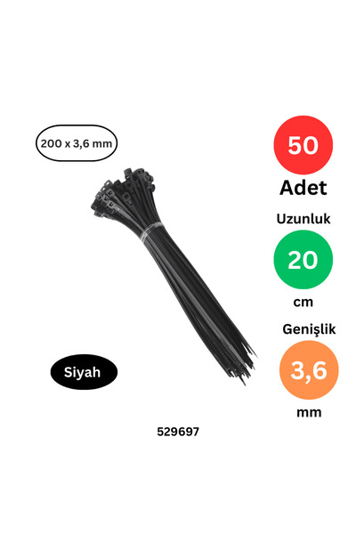 Tek-İş Plastik Kablo Bağı Klipsi Cırt Kelepçe 200 X 3.6 SİYAH 50 ADET