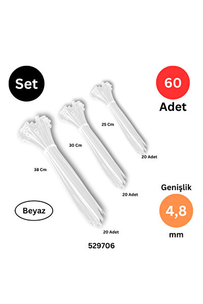 Tek-İş Plastik Kablo Bağı Klipsi Cırt Kelepçe 250-300-380 mm X 4.8 mm Beyaz 2...