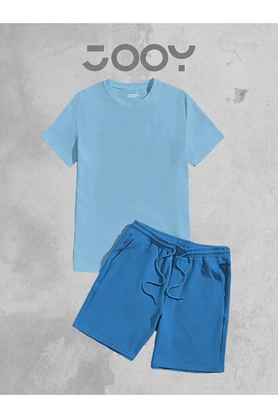 Jooy Company Σετ μπλουζάκι Oversize γαλάζιο και μπλε χτενισμένο βαμβακερό σορτς