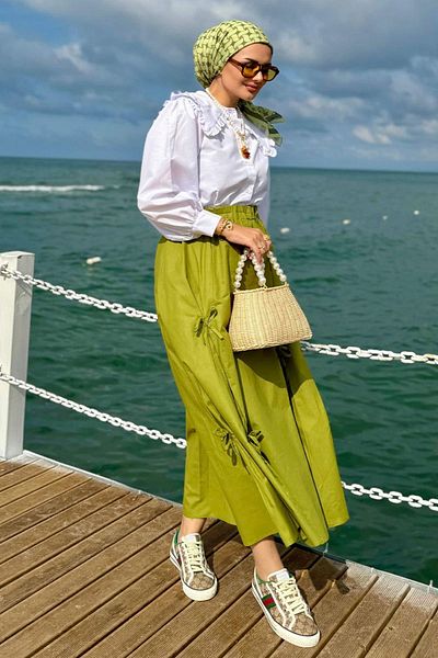 Ceylan Otantik Pistachio Green Bow Shirt and White Collar Frilly Skirt Set