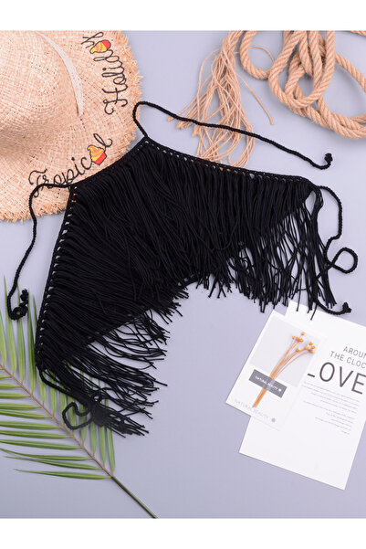 Jesminda Örme Siyah Püsküllü Seksi Plaj Üstü Crop Halter