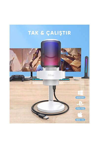 Fifine Ampligame A8 USB - Twitch - Youtuber - Yayıncı - Oyuncu - Bilgisayar RGB Mikrofonu Beyaz