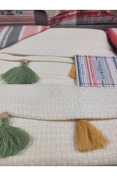 denizli hatırası TASSEL PİQUE DOUBLE PERSONAL TASSELED BOXED PİQUE SET CREAM